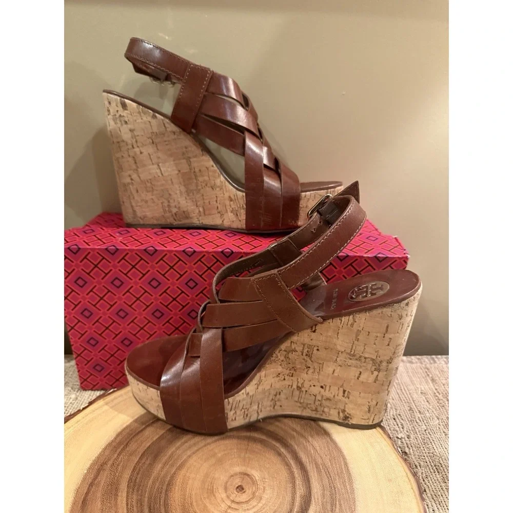 Tory Burch Ace Women's Brown Sienna Leather Buckle Wedge High Heel Sandals 8.5‎